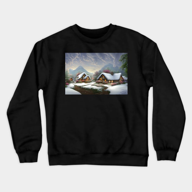 Magical Fantasy House with Lights in a Snowy Scene, Fantasy Cottagecore artwork Crewneck Sweatshirt by Promen Art